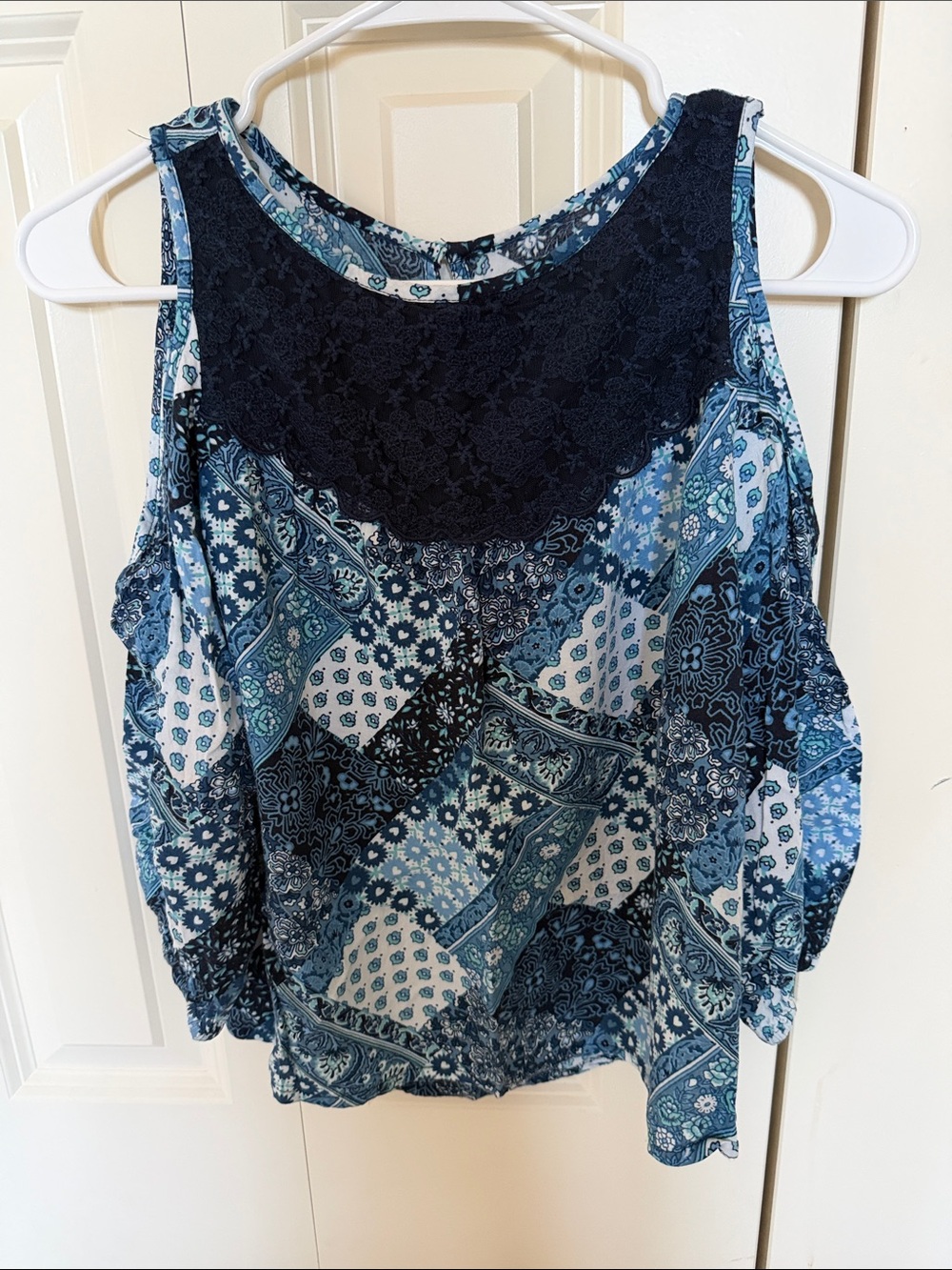 abercrombie kids Blue Patchwork Cold-Shoulder Top with Navy Lace Yoke